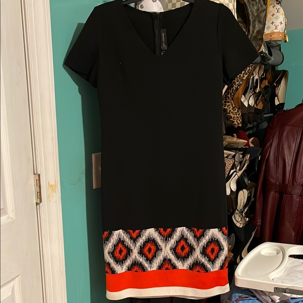 St. John Black Dress with Orange Patterned Hem
